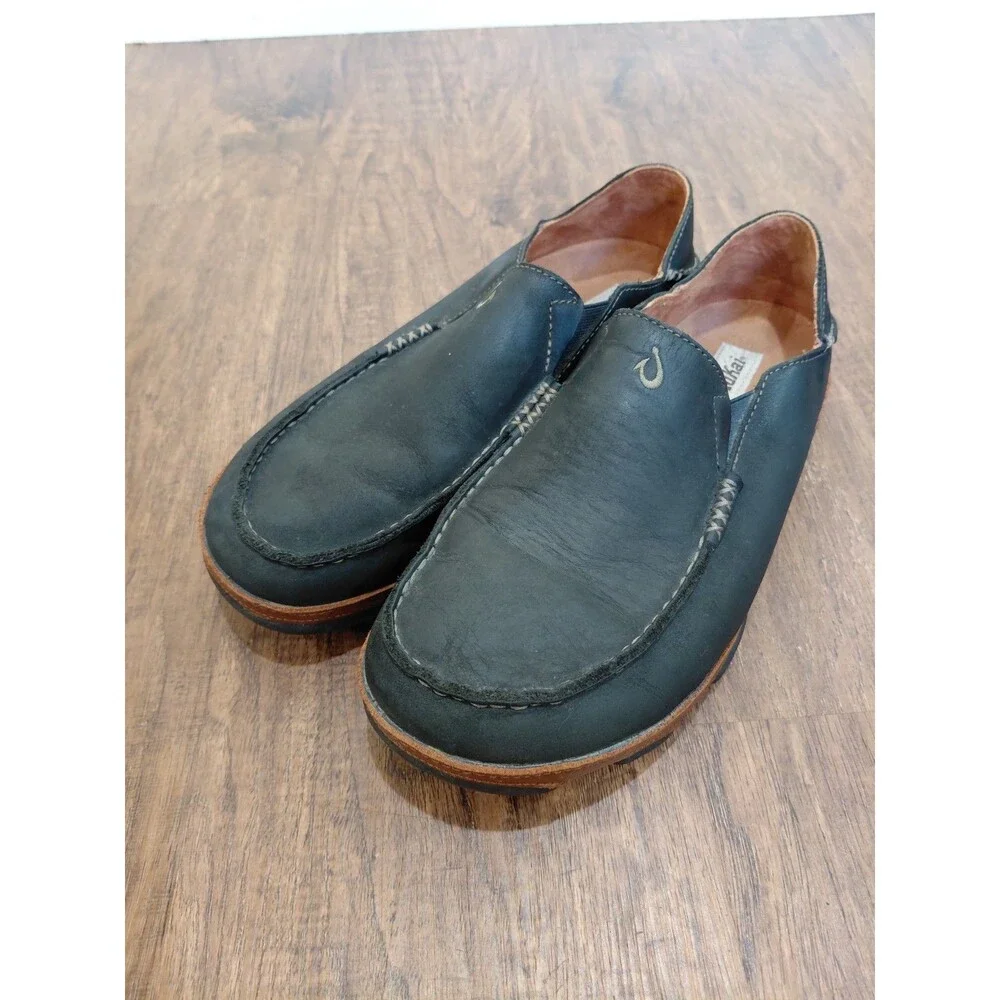 OluKai Moloa Black Leather Casual Slip On Loafers Size 10